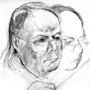 Portraitzeichnung: Karl-Heinz Stockhausen w�hrend einer Konzertprobe in K�ln